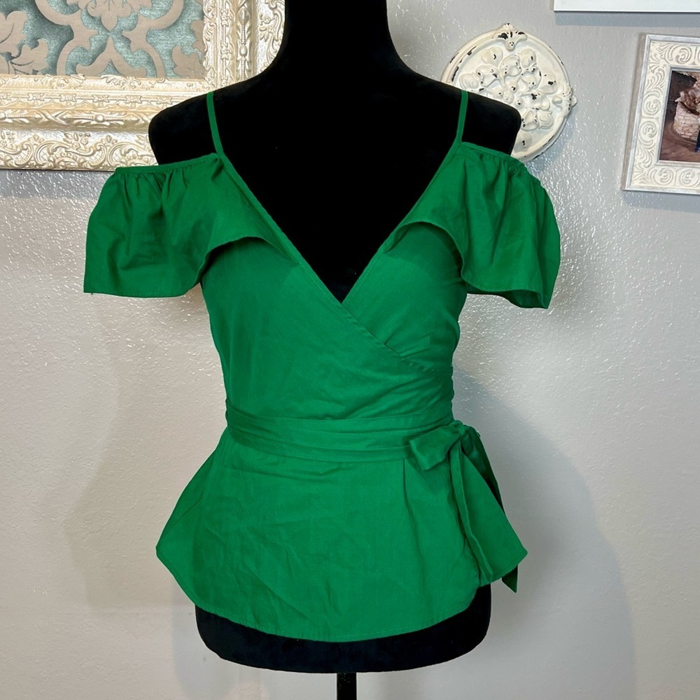 Topshop Green Off The Shoulder Wrap Top